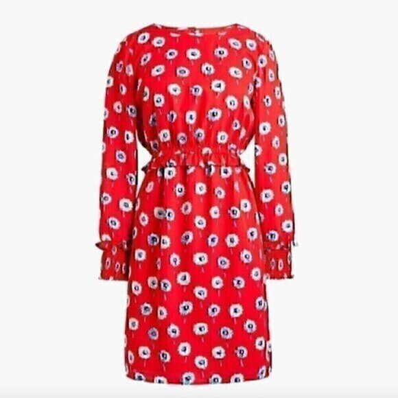J. CREW Factory Printed Long Sleeve Fitted Dress Red Blue Floral Fit Flare FLAWS - Picture 1 of 12